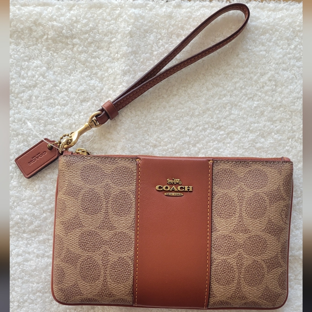 Coach Tan and Brown Signature Wristlet